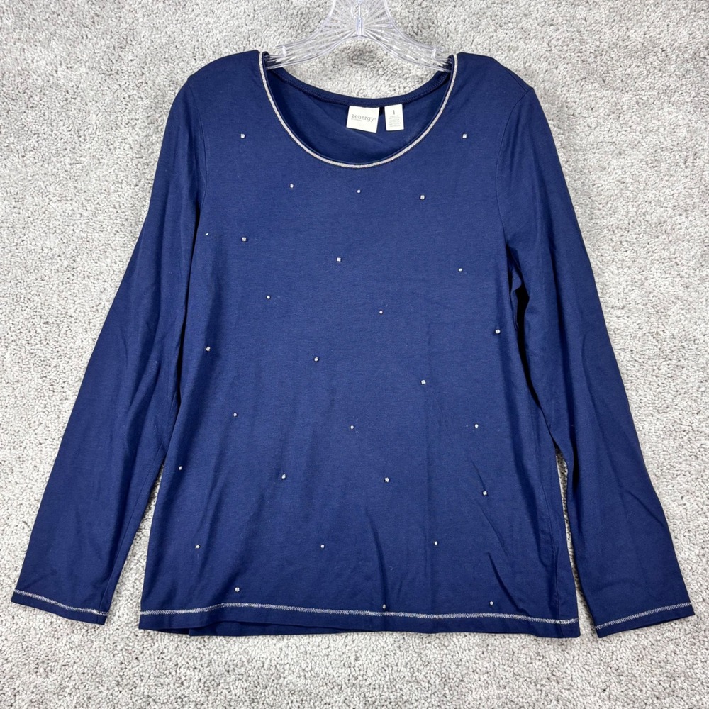 Zenergy by Chicos Navy Blue Rhinestone Embellished Long Sleeve Top Size 1